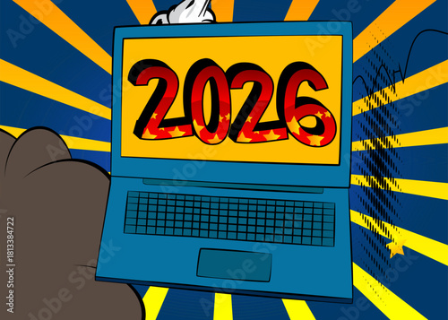 Cartoon Laptop, comic book Notebook with 2026. Retro vector comics pop art design.