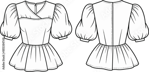 “Fashion CAD drawing of women’s puff sleeve peplum blouse with front and back view, detailed flat vector illustration for apparel design”