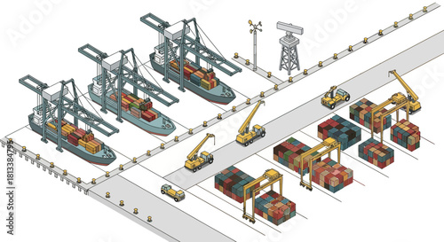 Isometric illustration of a bustling international cargo port with container ships, gantry cranes, trucks, and shipping containers, symbolizing global logistics and maritime trade