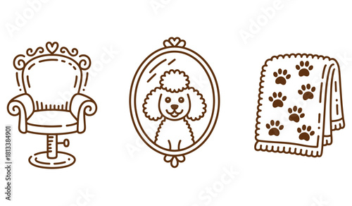 Doodle illustration of a dog grooming salon set including a chair mirror and towel perfect for pet care and design projects