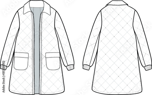“Quilted long coat technical flat sketch, detailed CAD outerwear illustration with pockets, zipper front, seam lines, fashion design template vector”