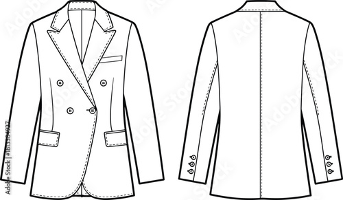“Stylish double breasted blazer technical flat sketch, detailed fashion CAD drawing, tailored jacket front and back view illustration design”