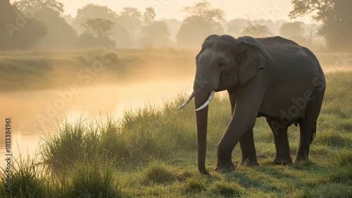 A majestic African elephant walking along a misty riverbank at dawn capturing wild beauty and peaceful nature scene