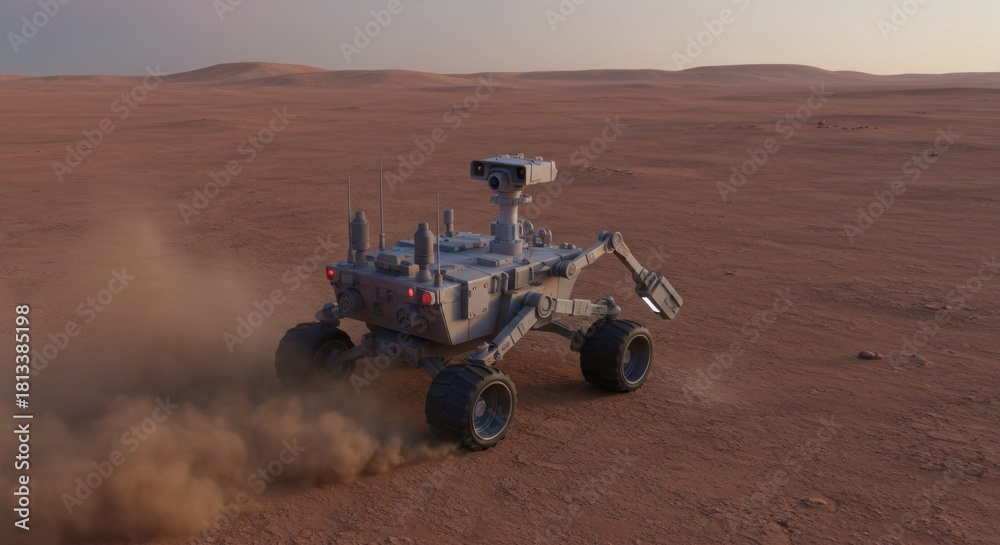 Fototapeta premium A grey exploration rover kicks up dust while traversing a vast reddish alien desert under a hazy sky