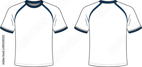 “White sports t-shirt front and back mockup with blue raglan details, clean minimal apparel template design, cad drawing flat vector illustration”
