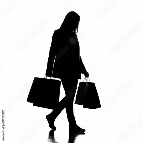 Black silhouette of a woman walking with shopping bags on a white background.