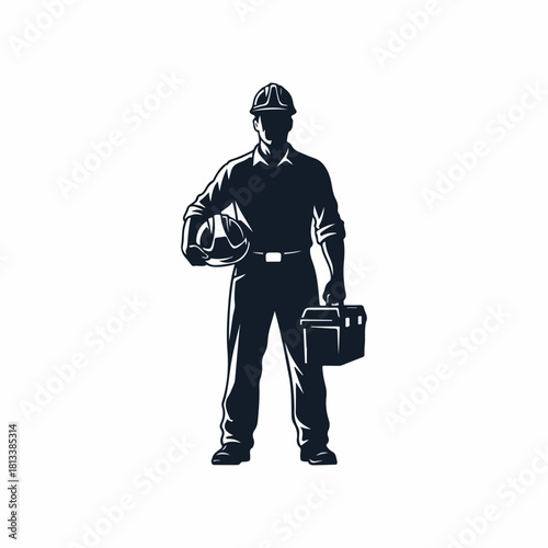 Construction worker silhouette with hard hat and toolbox vector illustration.
