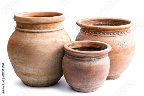 A rustic, earthenware pot with a wide mouth and a narrow neck, resting on a wooden surface.