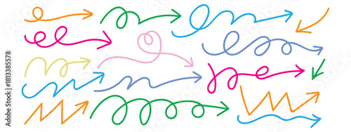 Crayon drawn funky arrows, whimsical bold doodle lines icon vector. Hand drawn freehand different curved lines, swirls, heart and zigzags symbol. vector illustration.