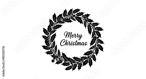 A beautifully illustrated black and white Christmas wreath with 'Merry Christmas' text, perfect for elegant holiday greeting cards and festive seasonal designs.