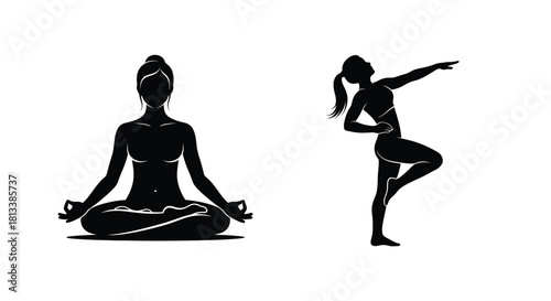 Silhouette of a woman meditating and another in a dynamic yoga pose