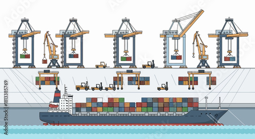 Cargo Ship Loading and Unloading at a Modern Port with Various Cranes and Equipment