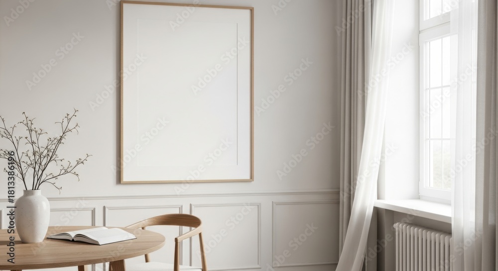 Fototapeta premium Minimalist interior scene with tall framed artwork and natural light