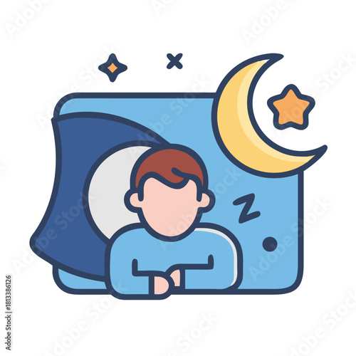Vector icon of a person sleeping in bed at night.