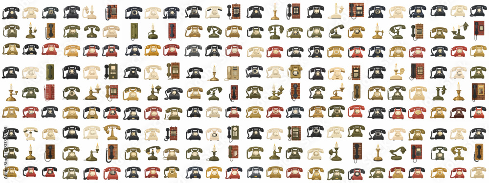 Naklejka premium Seamless pattern vector collection of vintage and antique telephones, featuring various retro rotary dial models, candlestick phones, and wall sets.