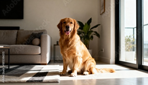 friendly pet dog posing in bright apartment living room with sofa and houseplants