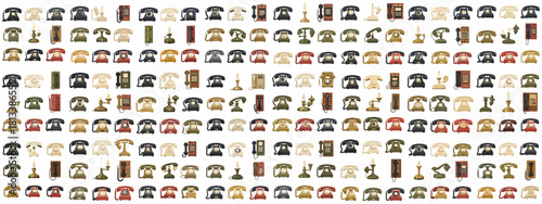 Seamless pattern vector collection of vintage and antique telephones, featuring various retro rotary dial models, candlestick phones, and wall sets.