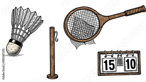 Badminton Set Icon Collection Shuttlecock, Racket, Pole and Scoreboard