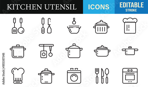 Line art kitchen equipment icons including burners, pans, bowls, and chef tools