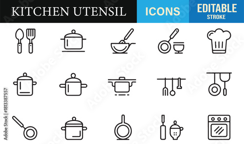 Minimalist kitchenware vector pack showing essential cookware and food prep utensils