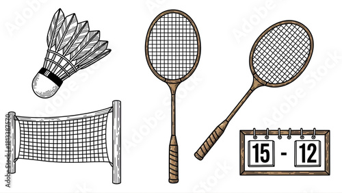 A detailed collection of badminton sport equipment featuring rackets, a shuttlecock, net, and scoreboard in a vintage hand-drawn sketch illustration style