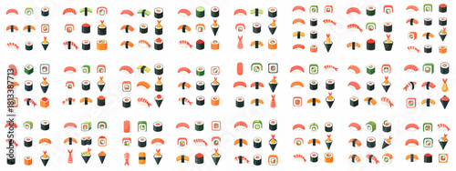 Seamless pattern of vibrant cartoon sushi and sashimi icons, including nigiri, maki, and temaki, symbolizing Japanese cuisine and takeout food.