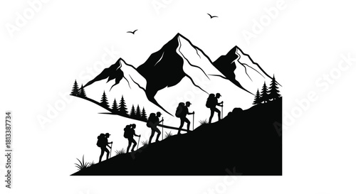 Silhouetted hikers ascend a steep mountain landscape with towering peaks