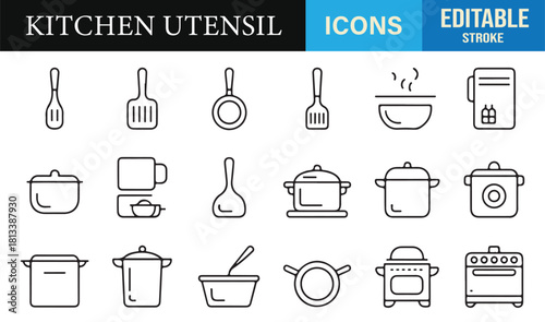 Thin-line culinary icon collection ideal for recipe apps, cooking content, and food branding