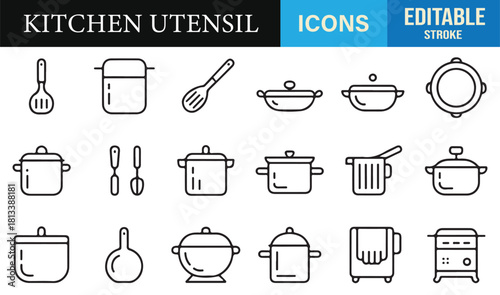 Vector kitchen tool set in editable stroke style featuring whisks, ladles, bowls, and cookware