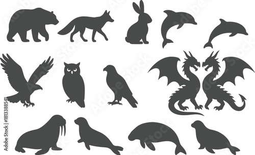 Collection of diverse animal silhouettes including mythical creatures and wildlife