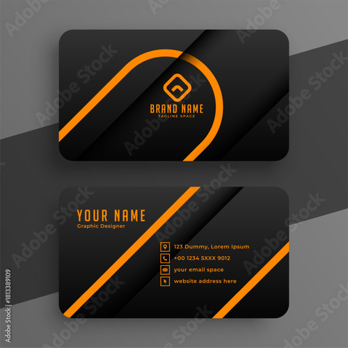 elegant dark black professional business card template with orange geometric shapes