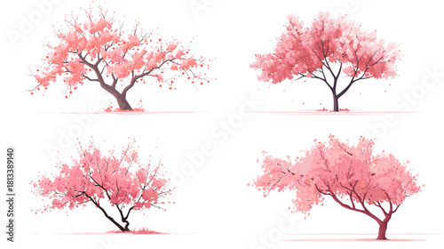 A delicate illustration of pink blossom trees with soft petals and graceful shapes. Ideal for spring themes, floral artwork, nature decor, greeting cards, and landscape design projects.