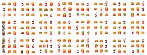 Seamless Fast Food Pattern: Burgers, French Fries, and Drinks in Flat Design Icon Style, Repeating Background Texture for Restaurants and Menus.
