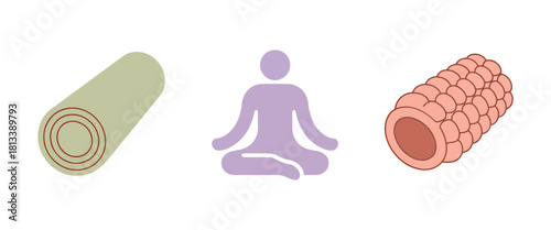 Minimalist yoga mat meditation pose and muscle fiber icons simple vector design elements for wellness and healthcare applications isolated on white background