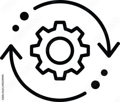 Black Round Gear Workflow Icon – Cogwheel Process Flat Vector for UI