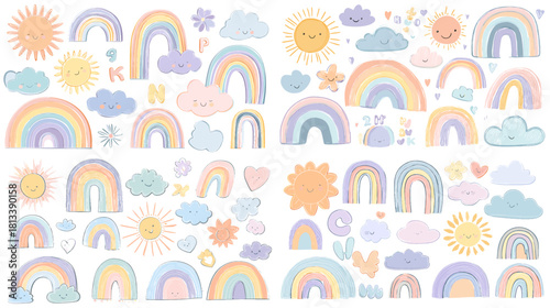 A charming pastel doodle illustration of rainbows, suns, clouds, stars, and hearts. Ideal for nursery designs, kids stationery, cute patterns, scrapbooking, and playful decorative themes.