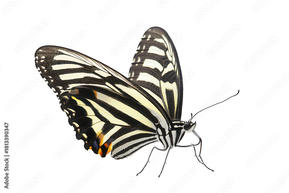 Fototapeta premium A zebra longwing butterfly isolated on transparent background, showcasing its striking black and white striped pattern and delicate wing structure in detail