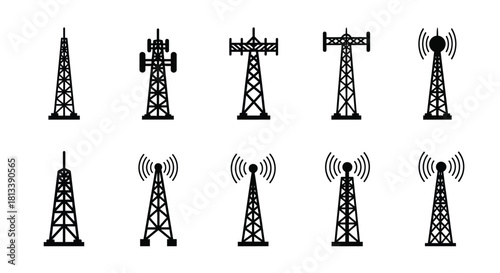 Various types of communication towers and transmission structures in black outline