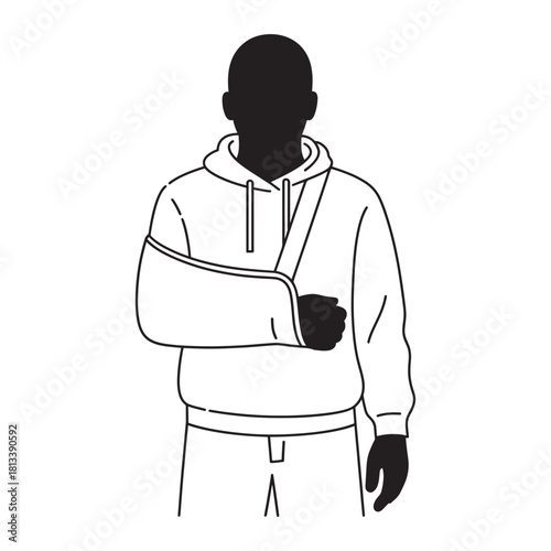Man with arm in sling line art vector illustration isolated on white background for medical and healthcare concepts