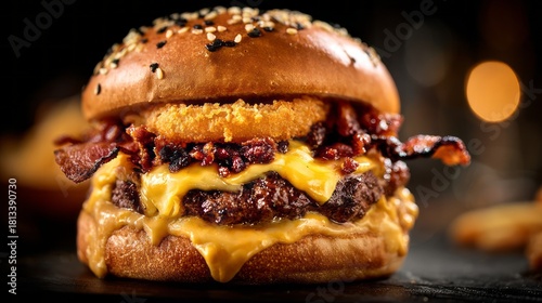 Close-up of a decadent double cheeseburger with crispy onion rings and savory bacon bits on a dark rustic surface, showcasing melted cheese layers and rich gourmet fast food detail