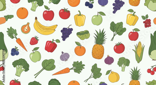 Colorful Seamless Pattern of Fresh Fruits and Vegetables