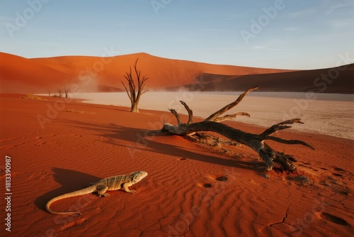 Fototapeta Naklejka Na Ścianę i Meble -  A lizard walks across red sand dunes in a desert landscape with dry trees and distant hills under a clear sky.