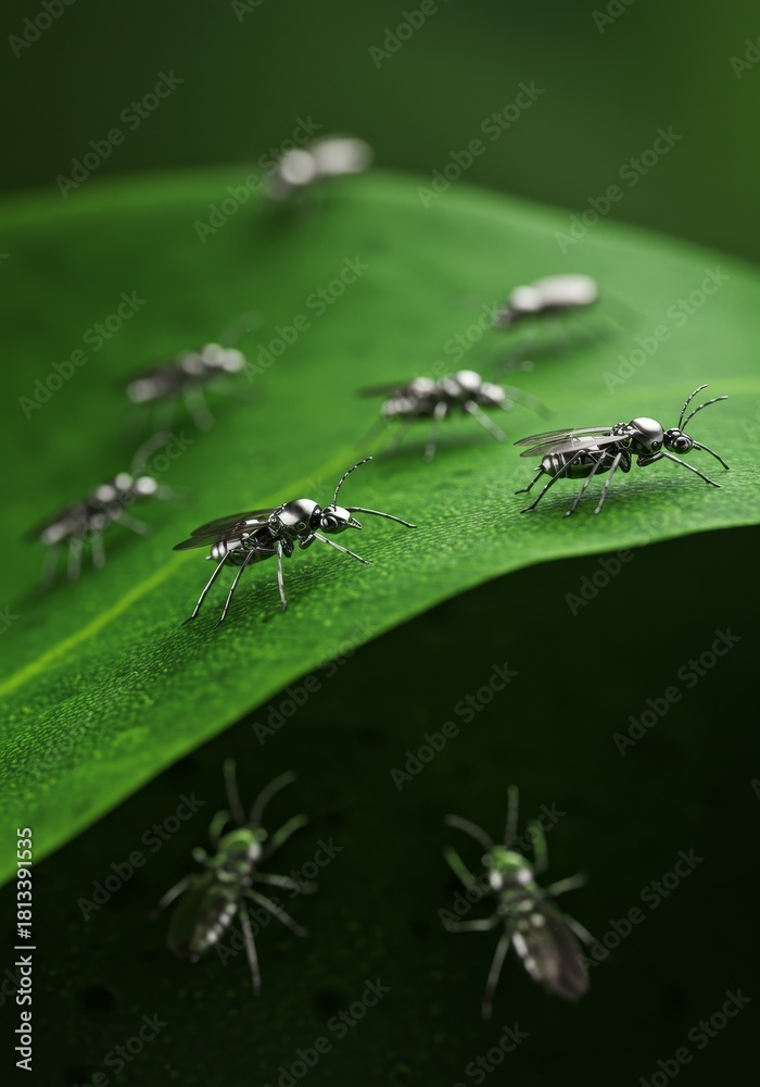 Naklejka premium “Tiny robotic insects crawling on green leaf, concept of micro AI technology.”