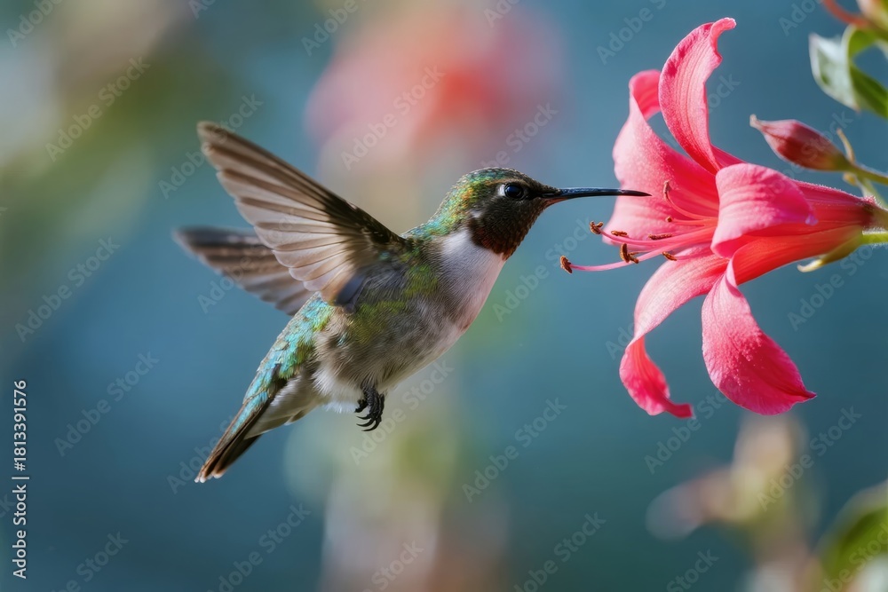 Fototapeta premium A hummingbird hovers near a pink flower, feeding on nectar with its long beak.