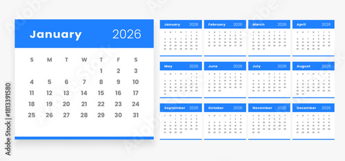 white blue 2026 annual calendar template for event planner