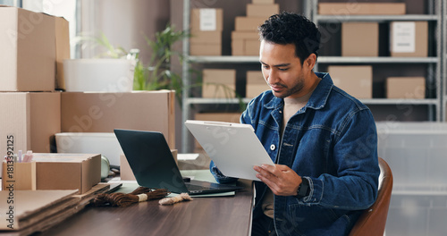 Distribution, clipboard and man in workplace, planning and supply chain with checklist for stock. Person, business owner and entrepreneur with document, inventory management and schedule for delivery