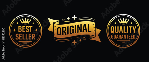 Luxury golden badges featuring best seller and quality guaranteed seals perfect for product promotion and branding