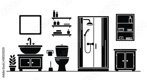 A minimalist bathroom setup featuring a shower sink and storage