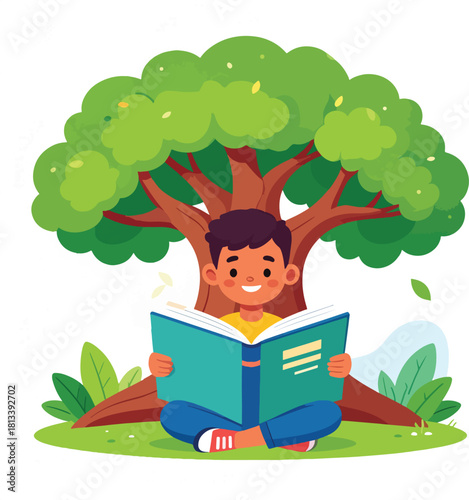 A young boy sits under a large tree reading a book, enjoying a peaceful moment of learning and imagination