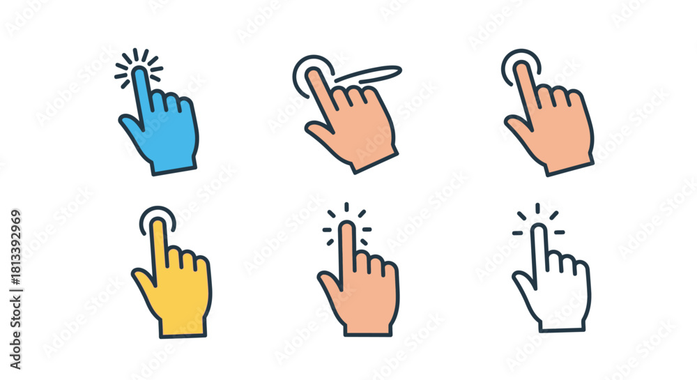 Fototapeta premium Illustrations of various human hands interacting with touch screen interfaces